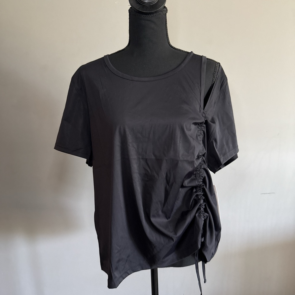 Mono B Black Short Sleeve Top with Side Ruching